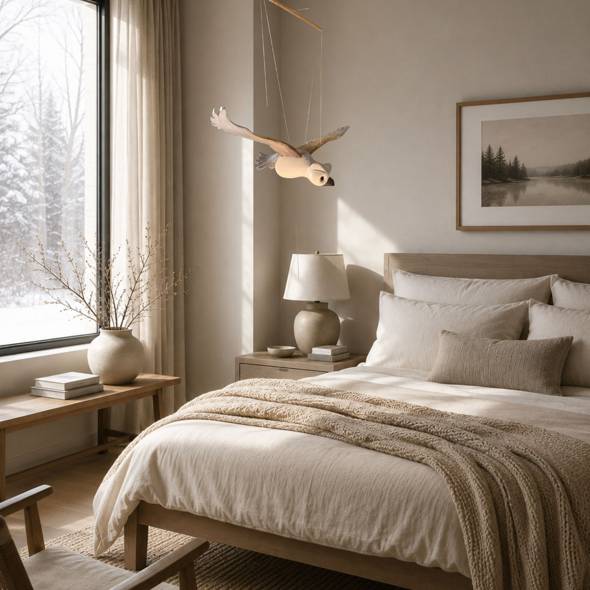 Hand-carved Snowy Owl Wooden Mobile