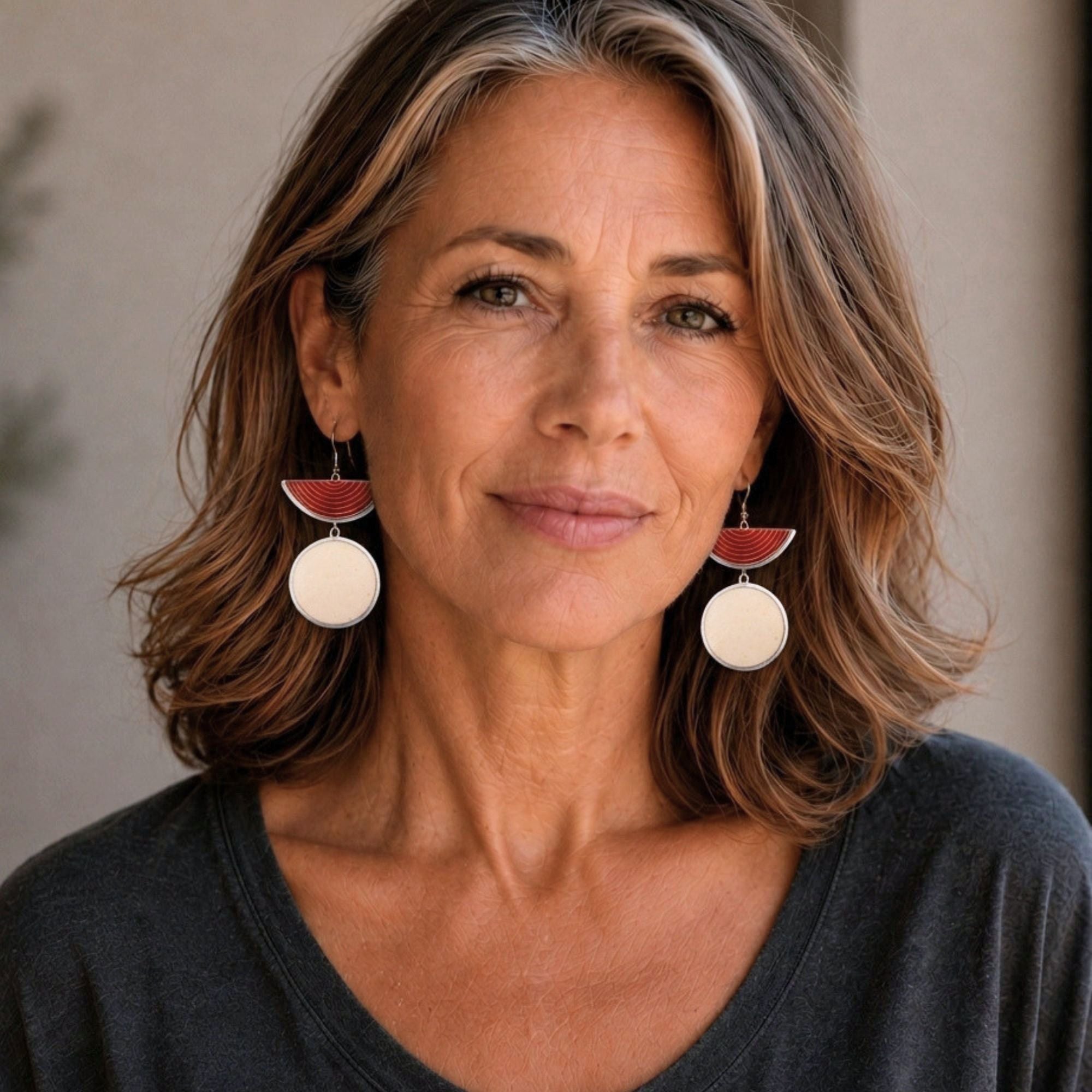 Contemporary Half Moon Red Statement Earrings