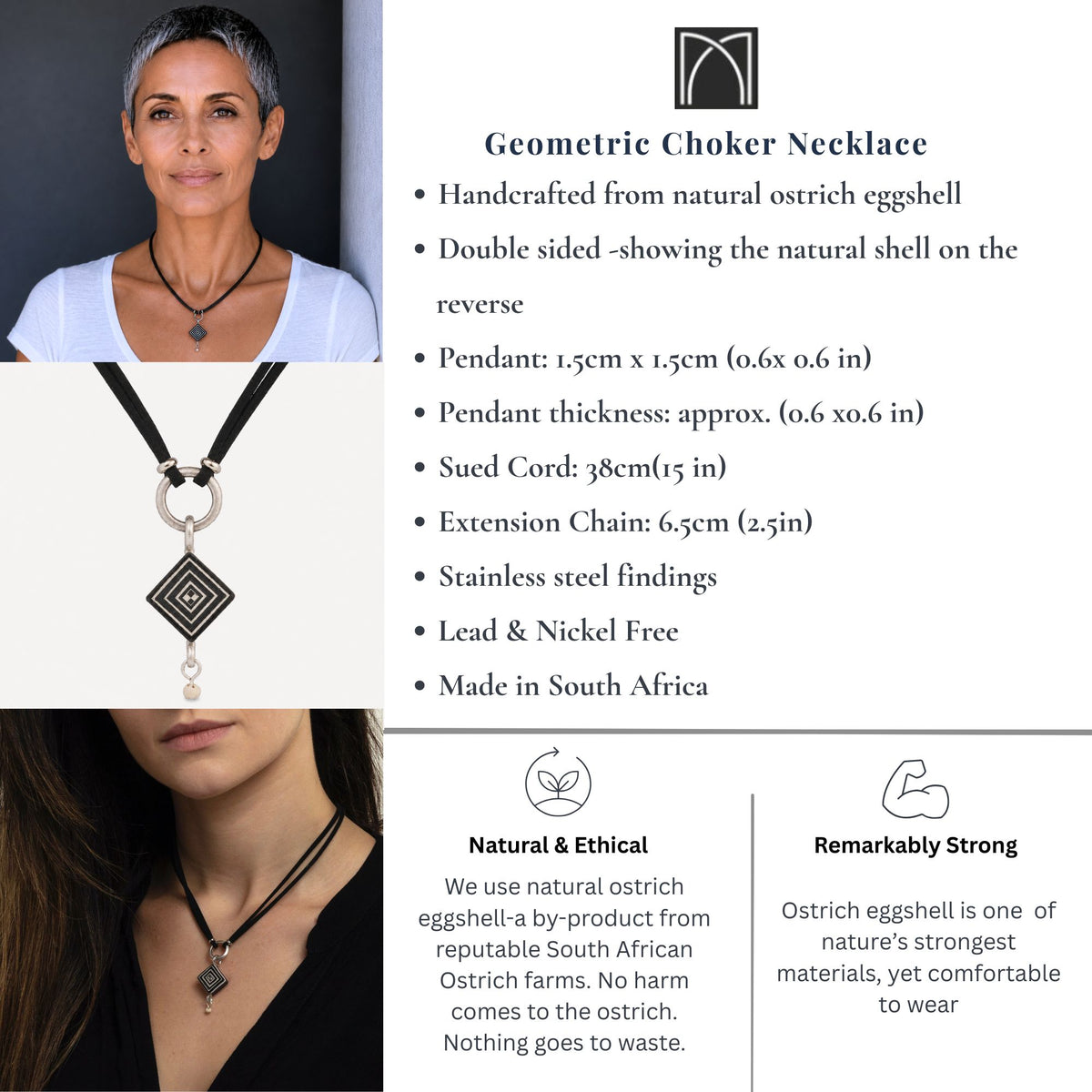 Geometric choker necklace made from natural ostrich eggshell, shown on a model, with product specifications and ethical information on a white and gray infographic background.
