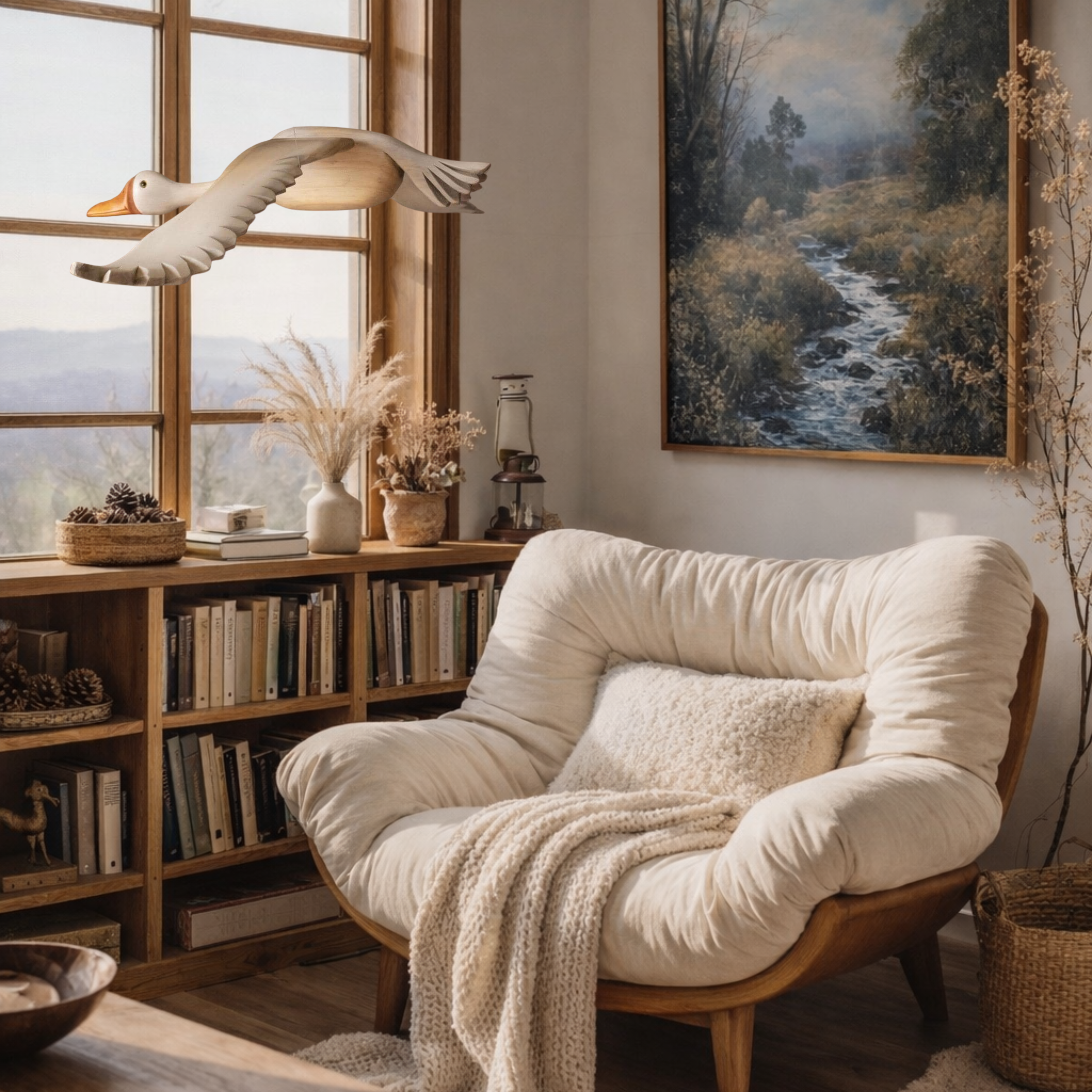 A hand carved wooden goose mobile in a reading nook