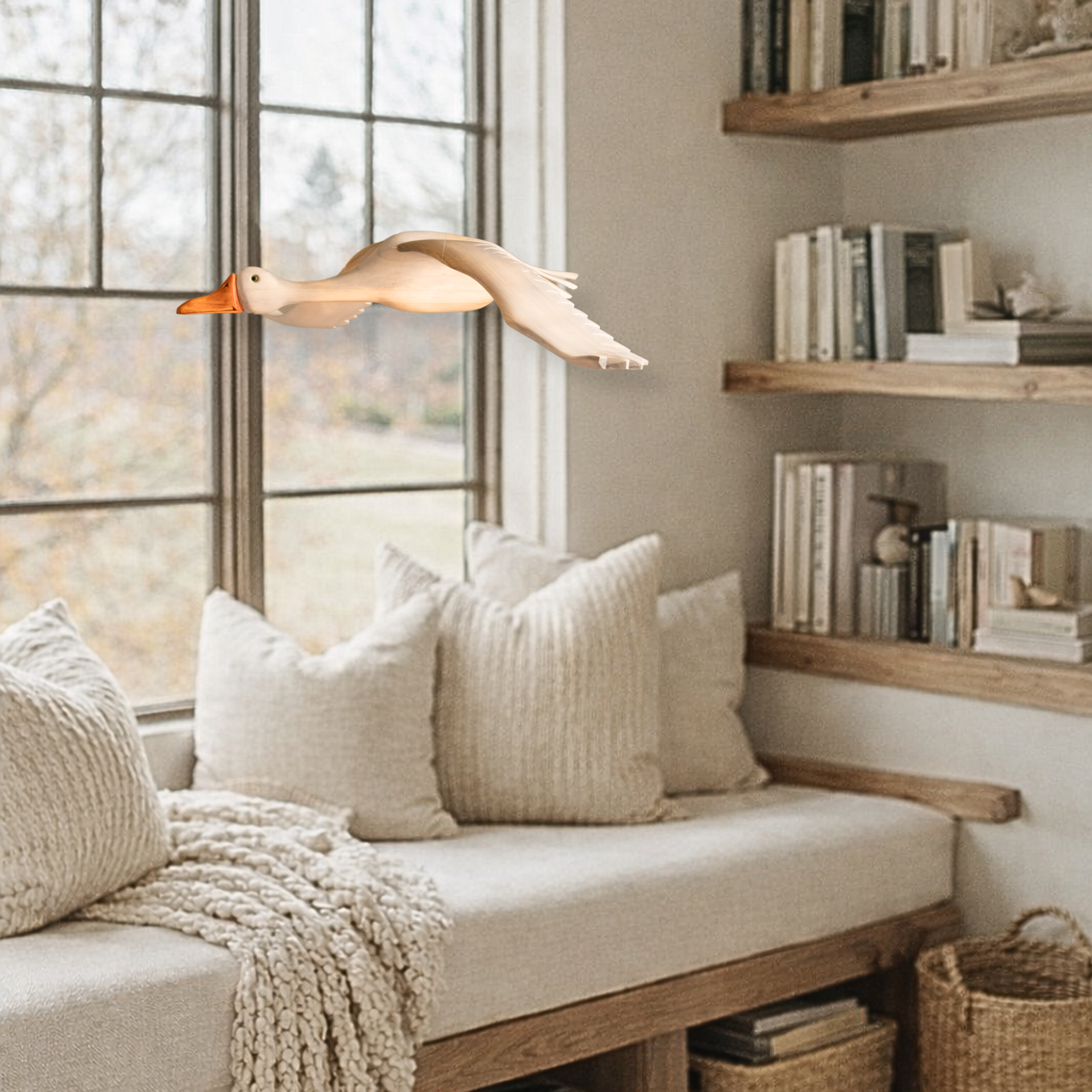 Cozy living room with a wooden bench, pillows, and Goose mobile.