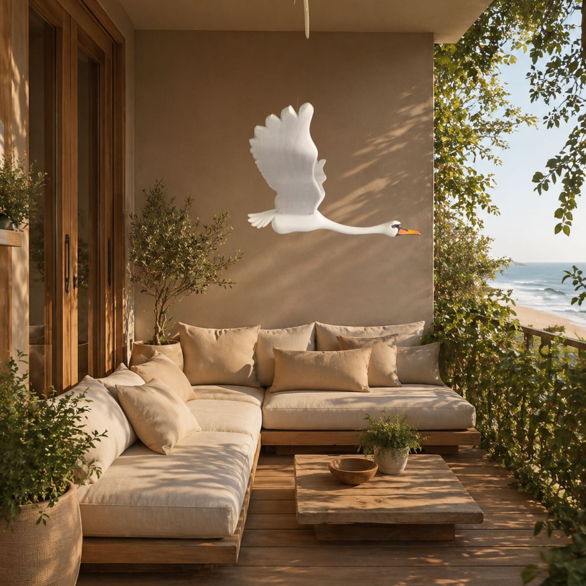 A handmade wooden Swan mobile in flight displayed in an outdoor coastal patio with beige sectional sofa, wooden coffee table