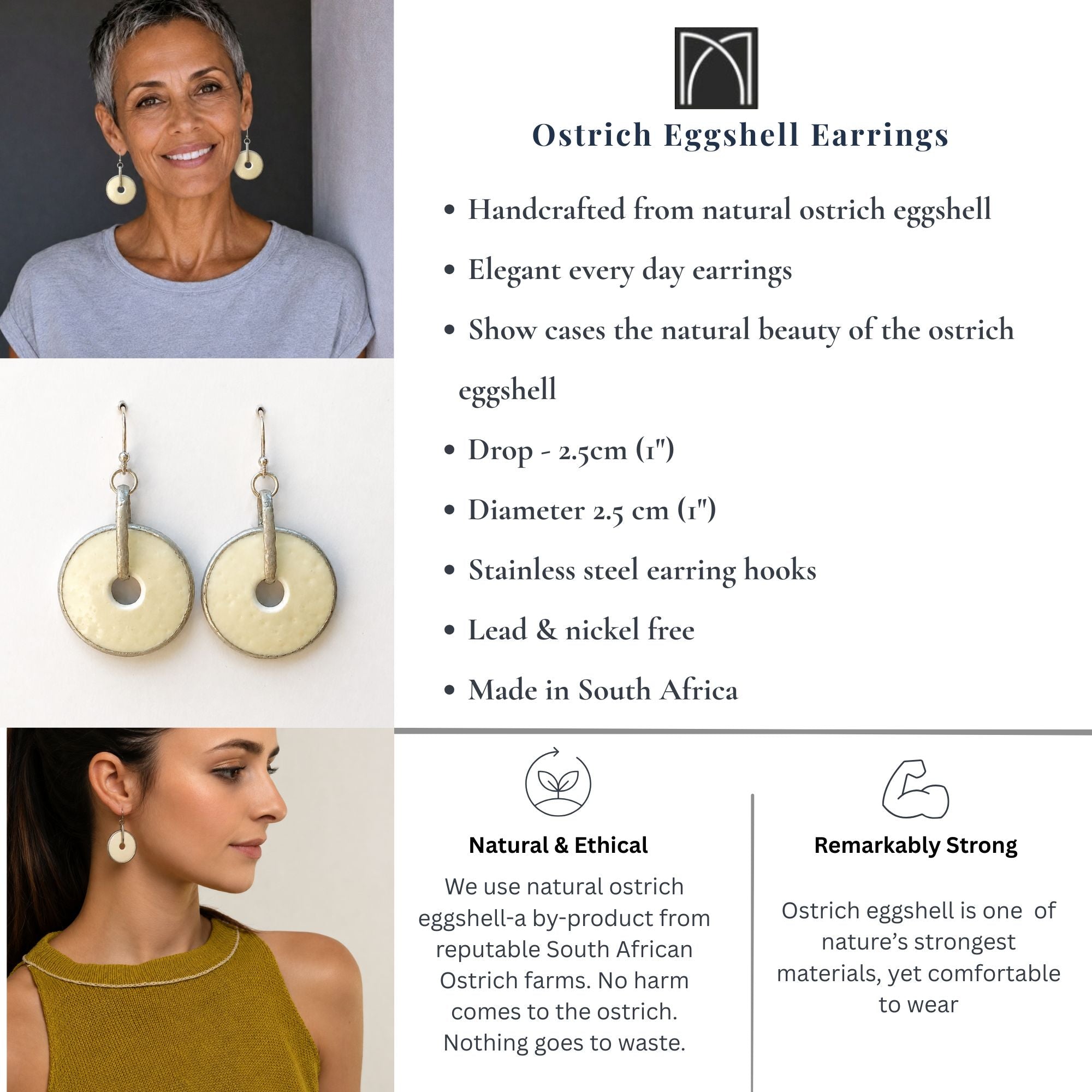 Ostrich Eggshell Earrings product information graphic featuring a model wearing the earrings, a close-up of the pair, and product details text on a white background.