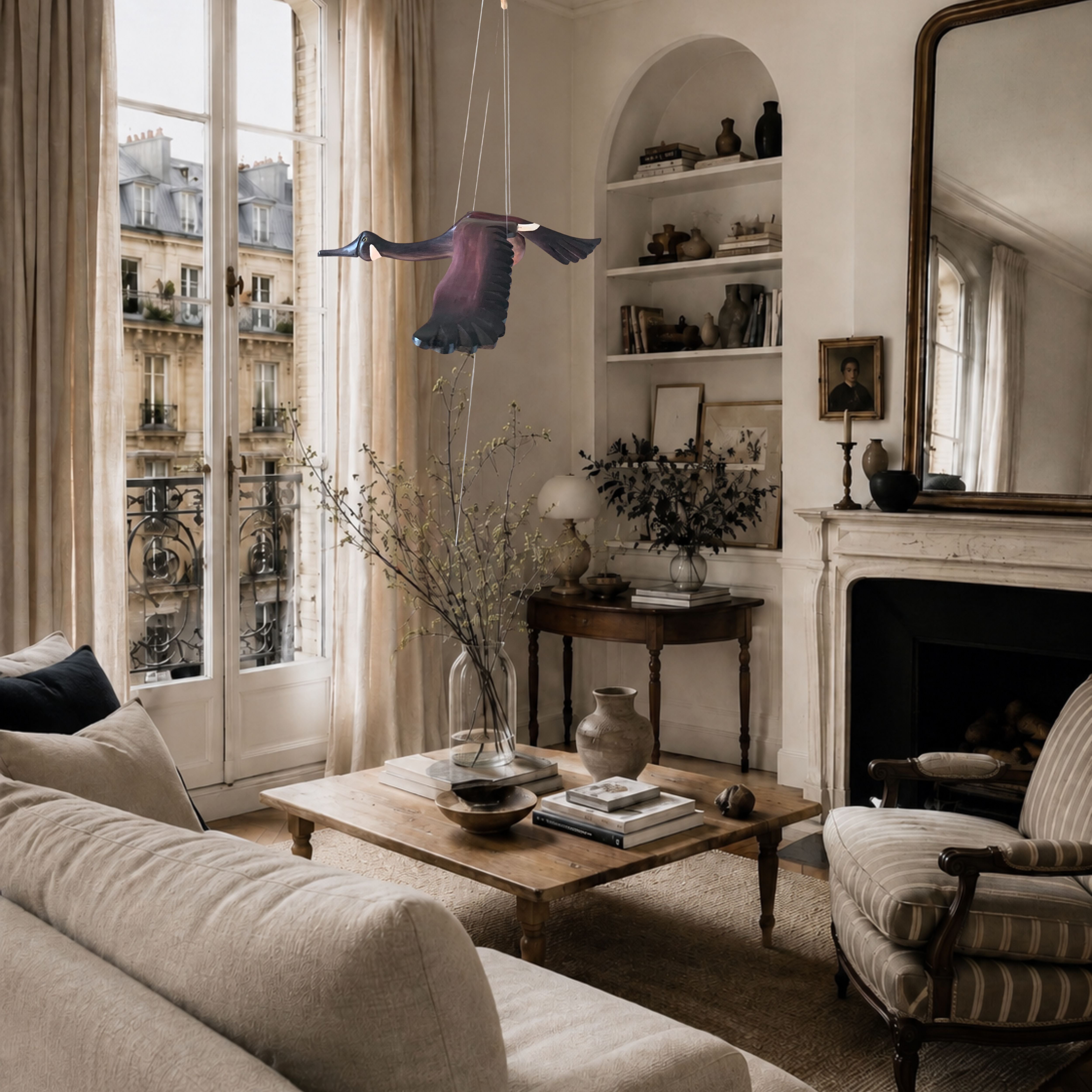 Hand-carved flying Wooden Canadian Goose bird sculpture suspended in a warm, uncluttered living room with natural light.