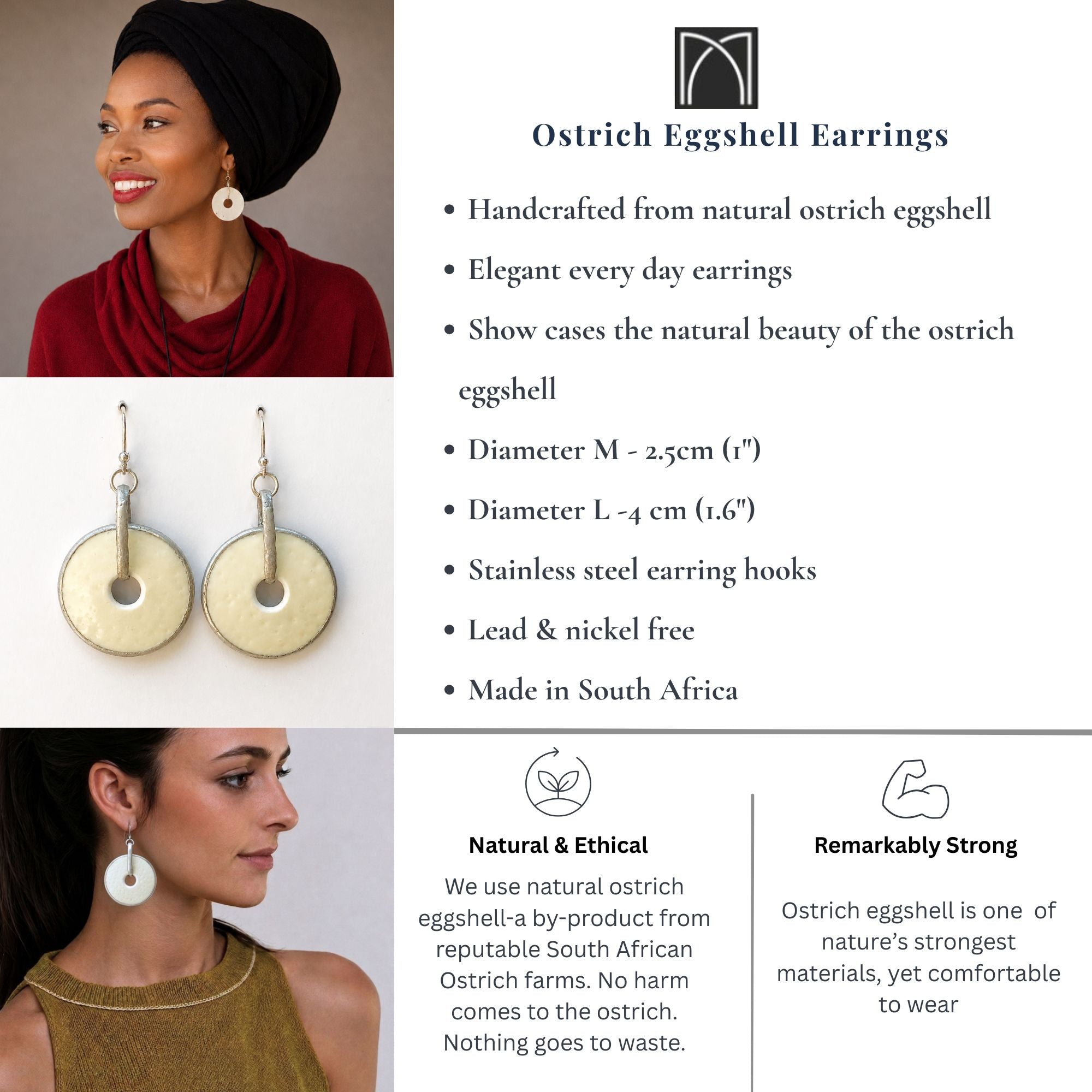 Handcrafted White Ostrich Eggshell Statement Earrings