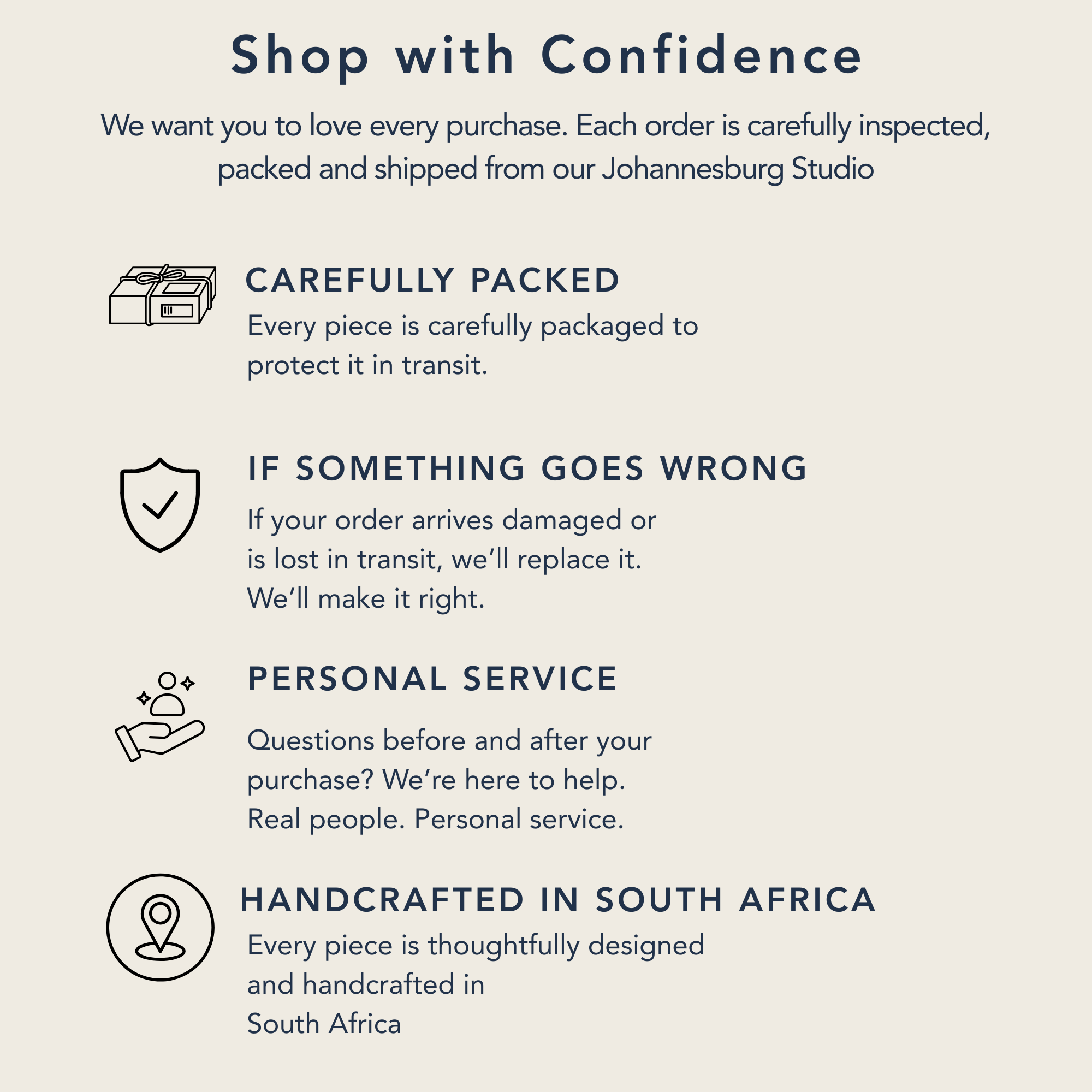  Shop with Confidence information about  packing, error replacement, personal service, and handcrafted in South Africa.