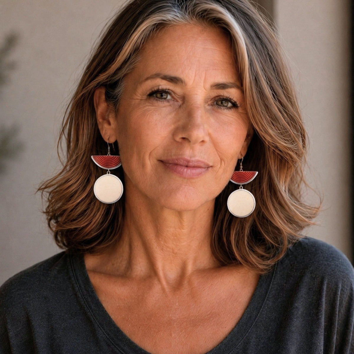 Contemporary Half Moon Red Statement Earrings