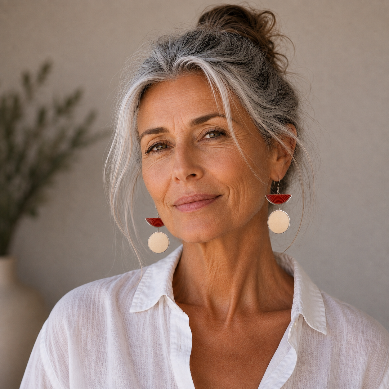 Contemporary Half Moon Red Statement Earrings