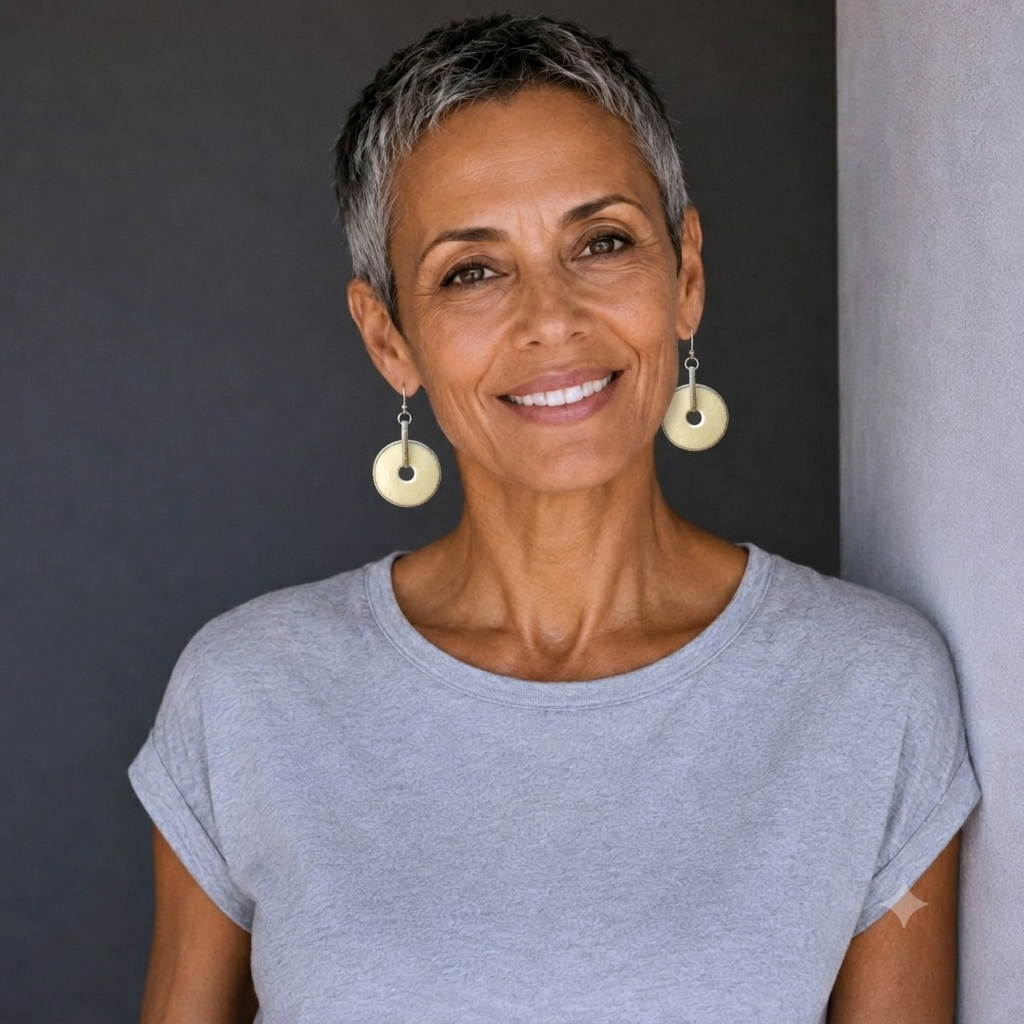 Woman wearing handcrafted ostrich eggshell disc earrings with a minimalist contemporary design, handmade in South Africa.