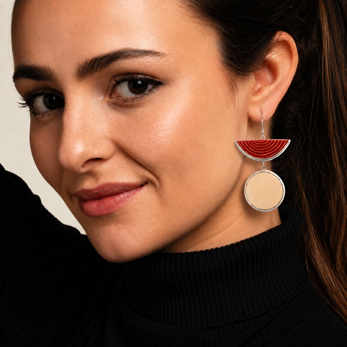 Contemporary Half Moon Red Statement Earrings