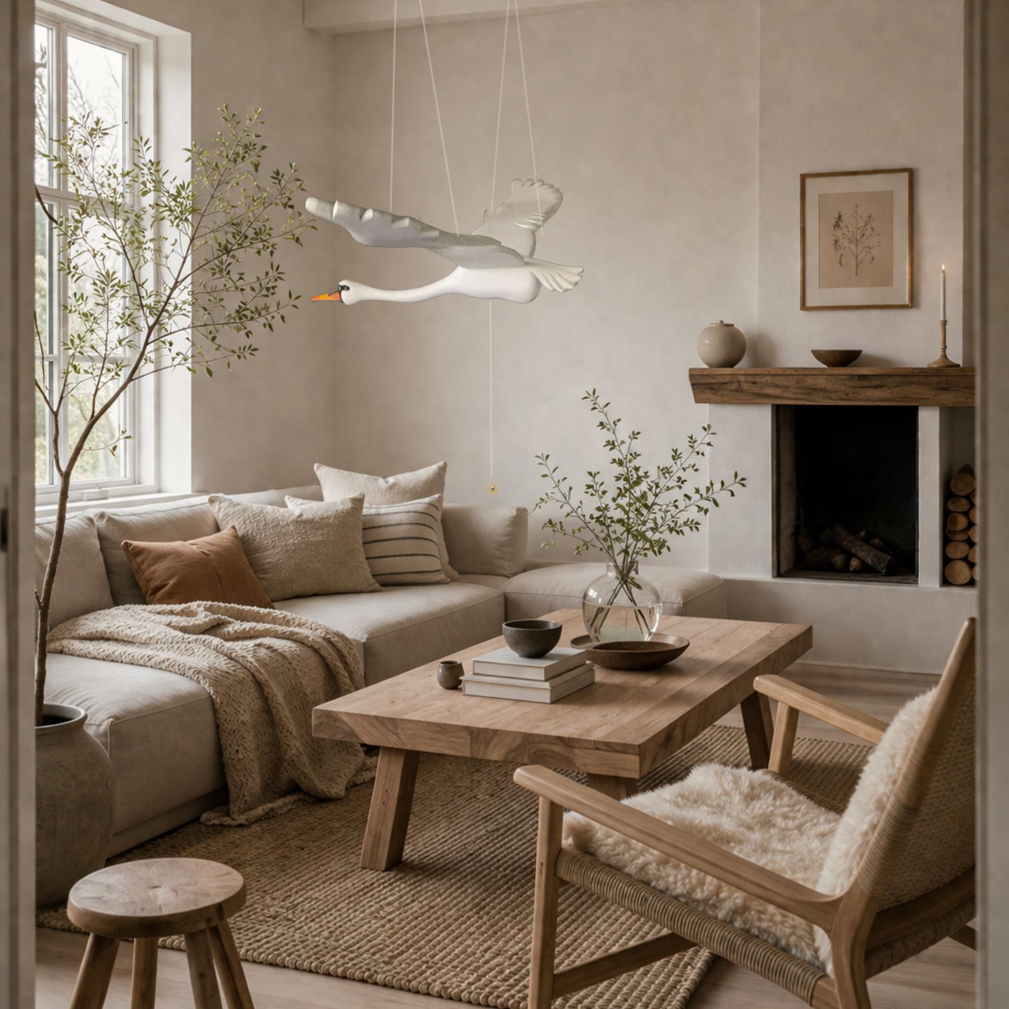 Handmade wooden swan mobile in flight in a an airy Scandinavian lounge