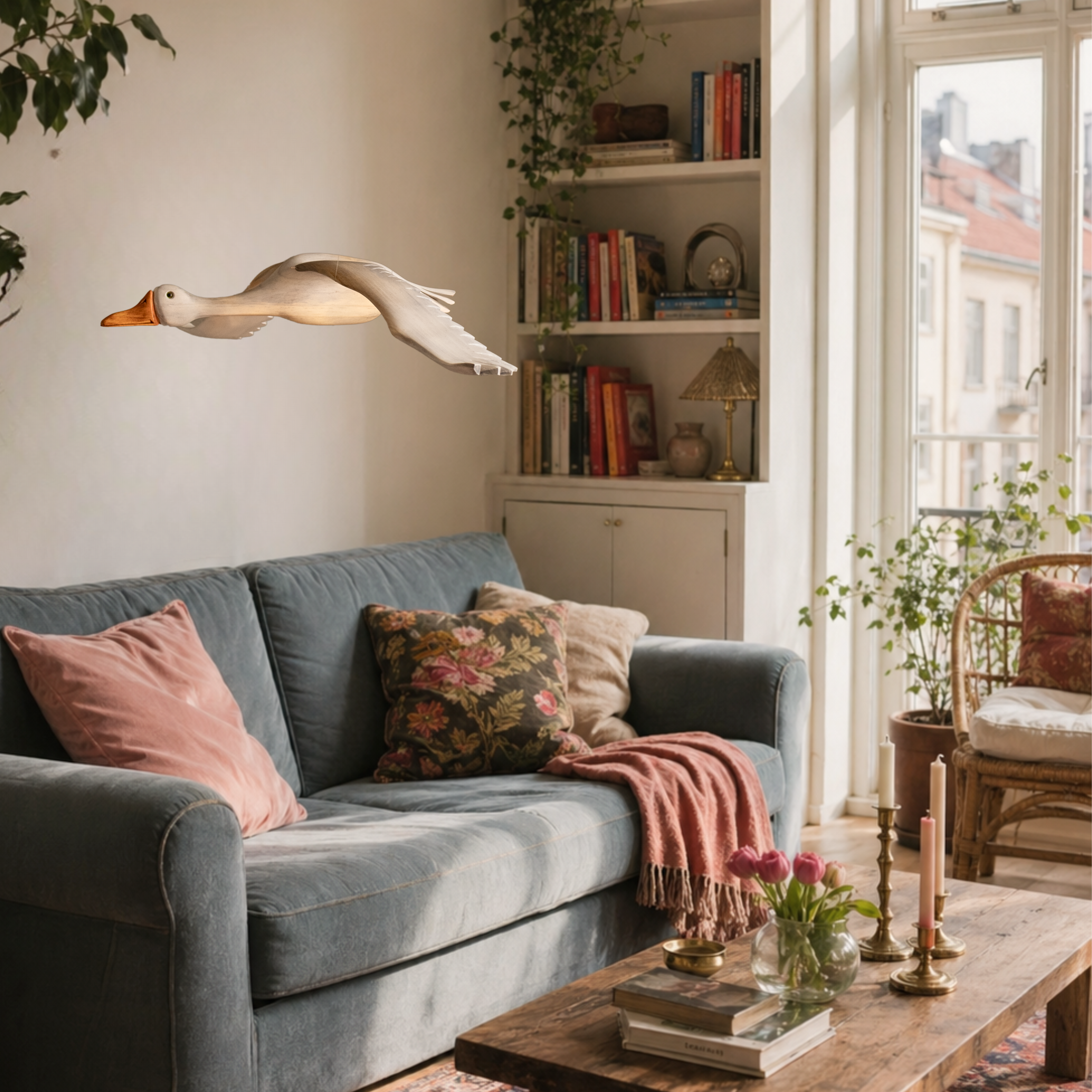 Living room with a sofa, decorative pillows, and a hand carved wooden goose mobile as the focal point