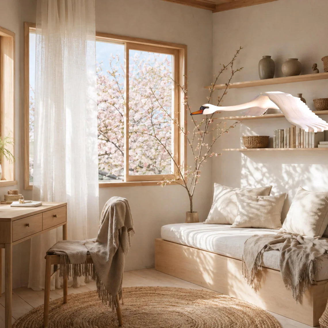 Hand-carved swan mobile hanging in an oriental study