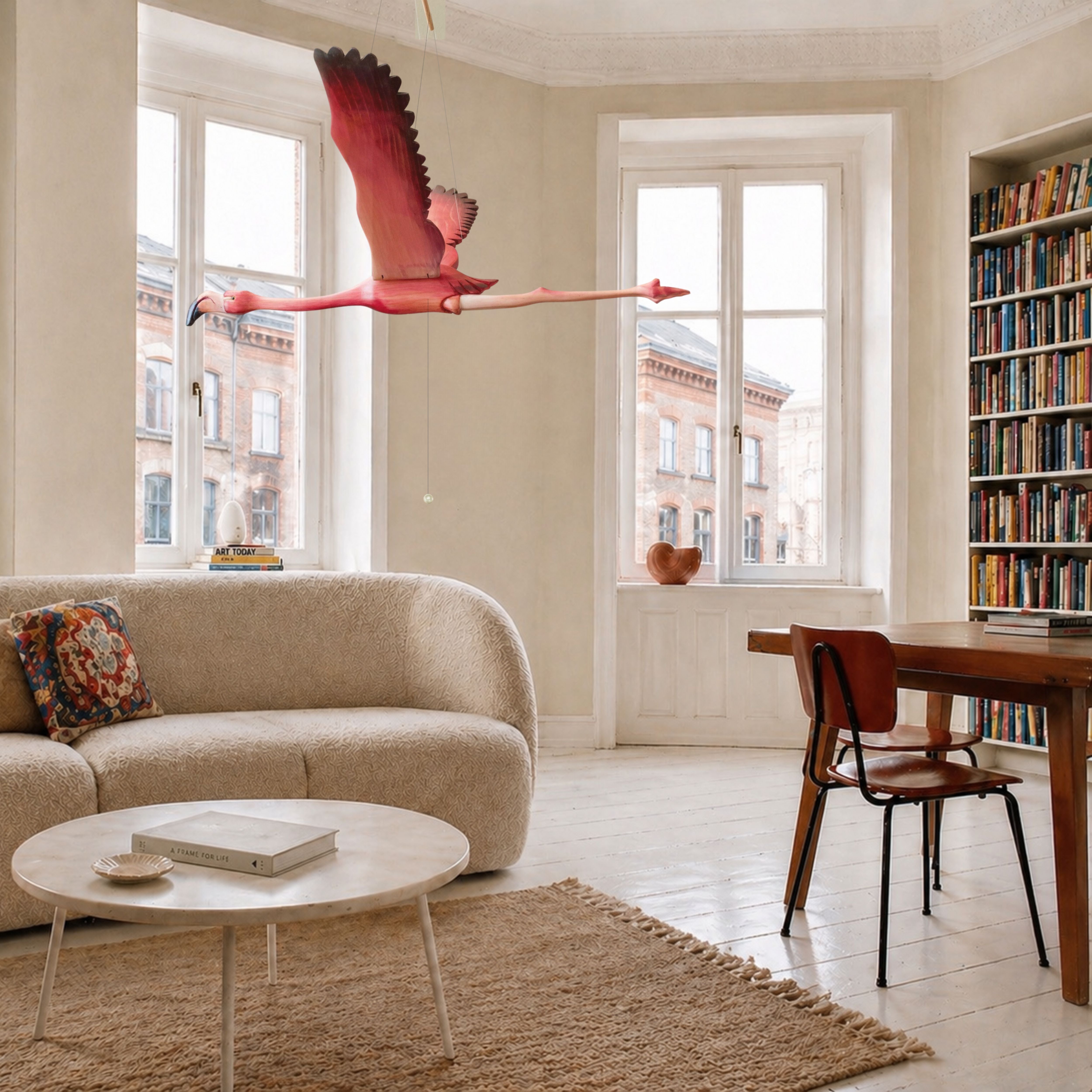 Hand-carved wooden flamingo mobile in flight through a bright Parisian lounge with tall windows and a curved sofa