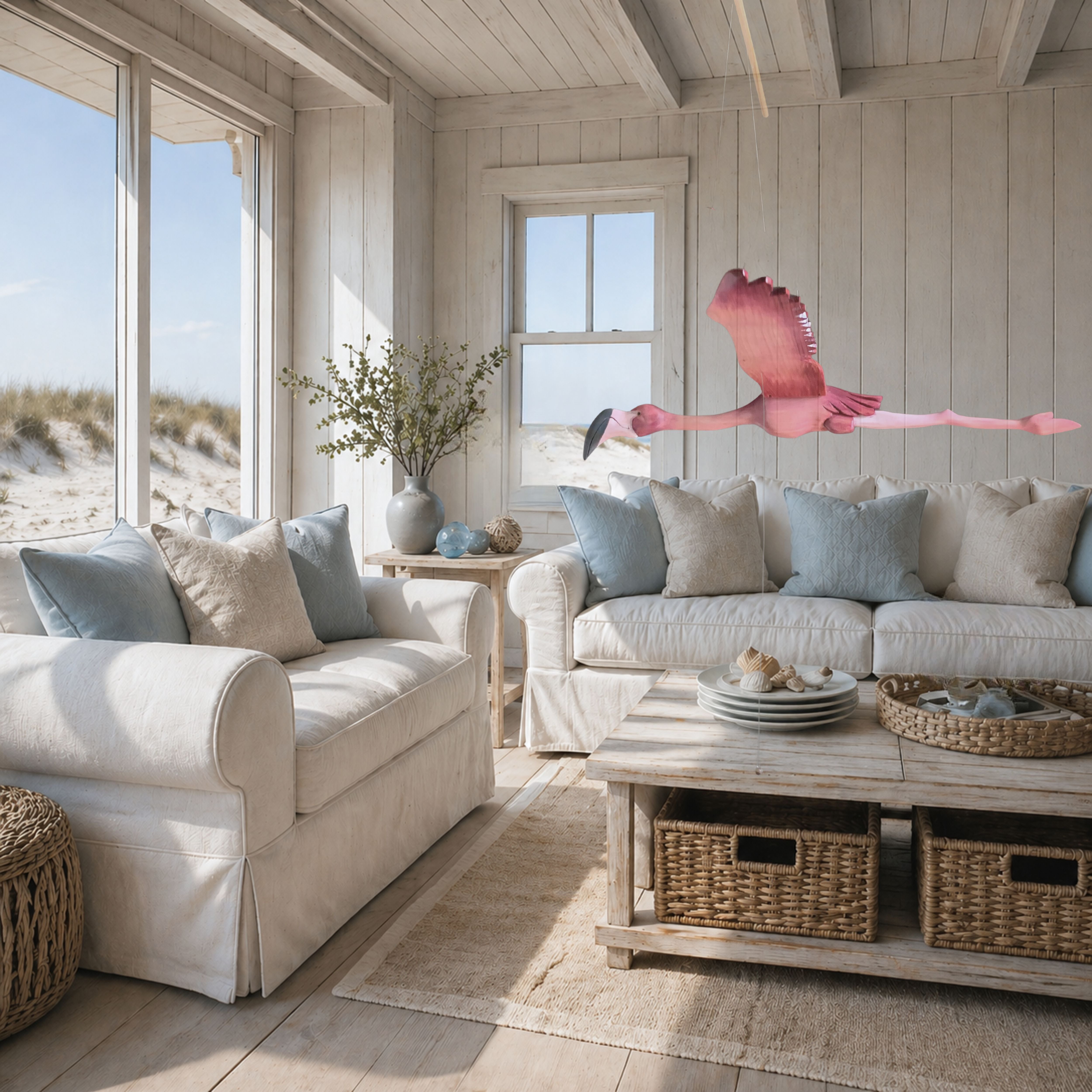 Hand-carved wooden flamingo mobile in flight through a bright coastal lounge with whitewashed wood, soft blue cushions and sea views
