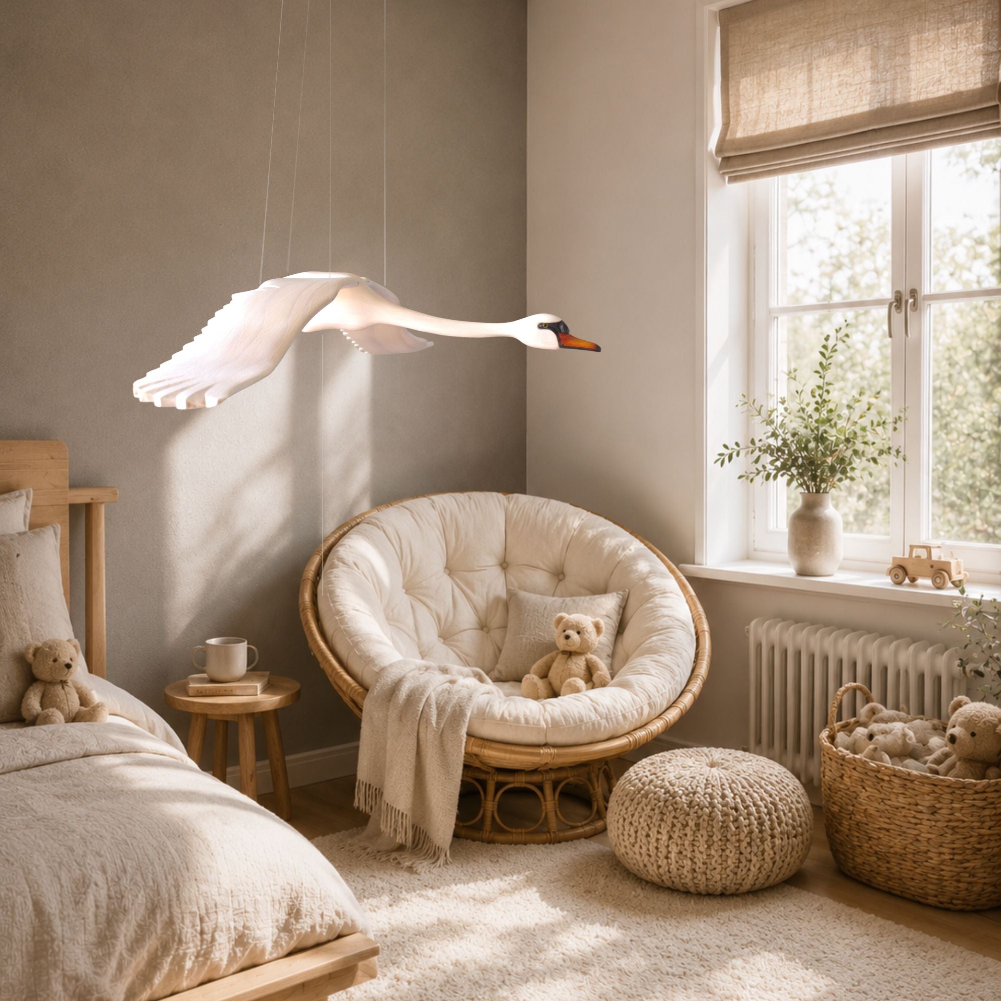 Hand-carved wooden swan mobile in flight above a cosy nursery with a papasan chair, teddy bears and soft natural light