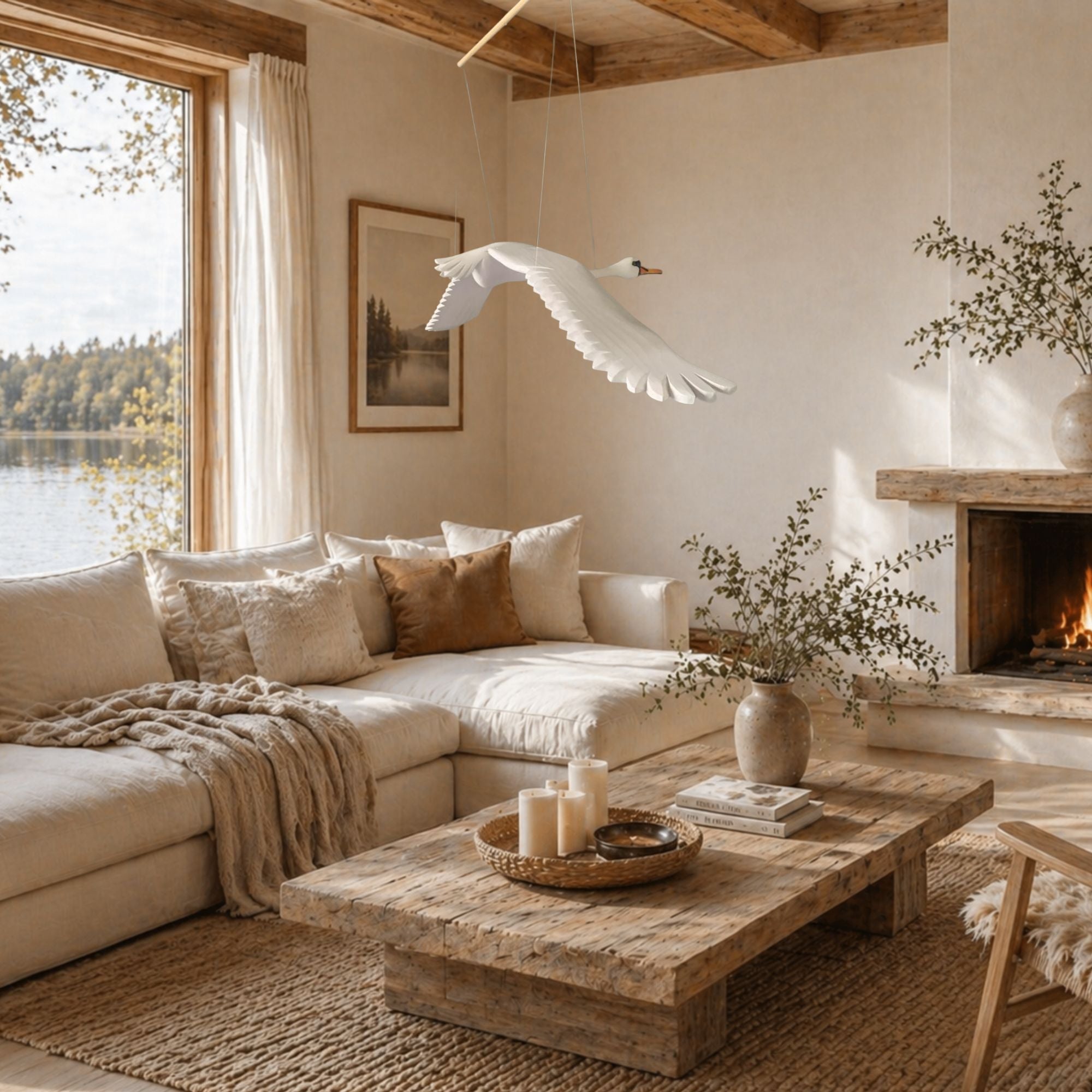 Hand-carved wooden swan mobile in flight above a cosy rustic lake house lounge with a lit fireplace