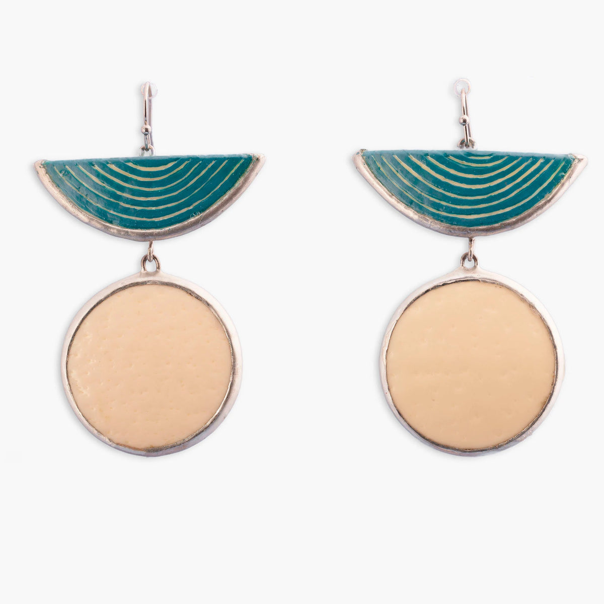 Handcrafted turquoise half moon and natural ostrich eggshell statement earrings with stainless steel hooks.