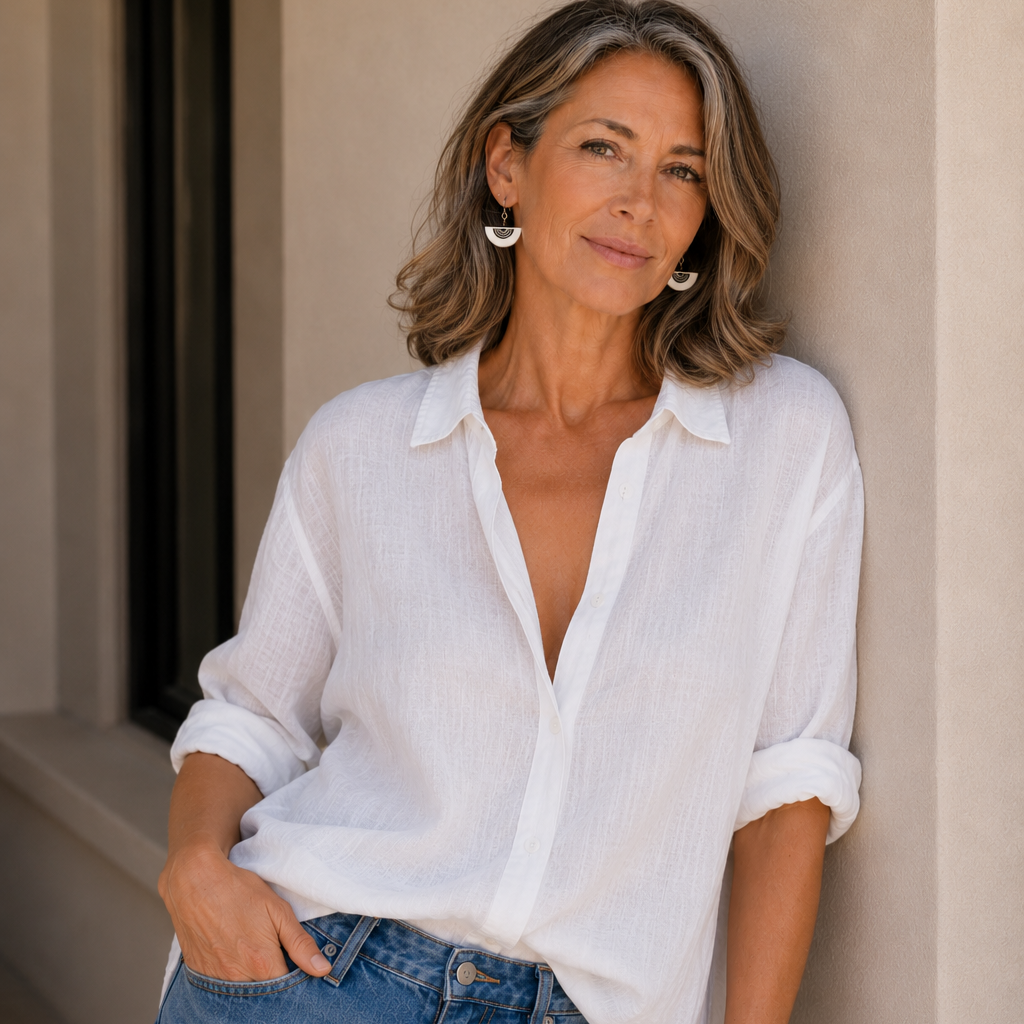 Lady in linen white shirt and blue jeans , wearing ostrich eggshell half moon earrings